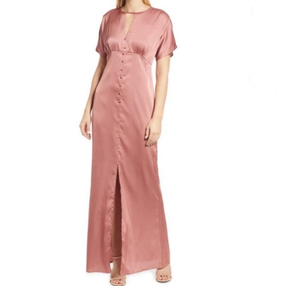 BTFL-Life Medium Terracotta Pink Satin Short Sleeve Button Front Maxi Dress NWT